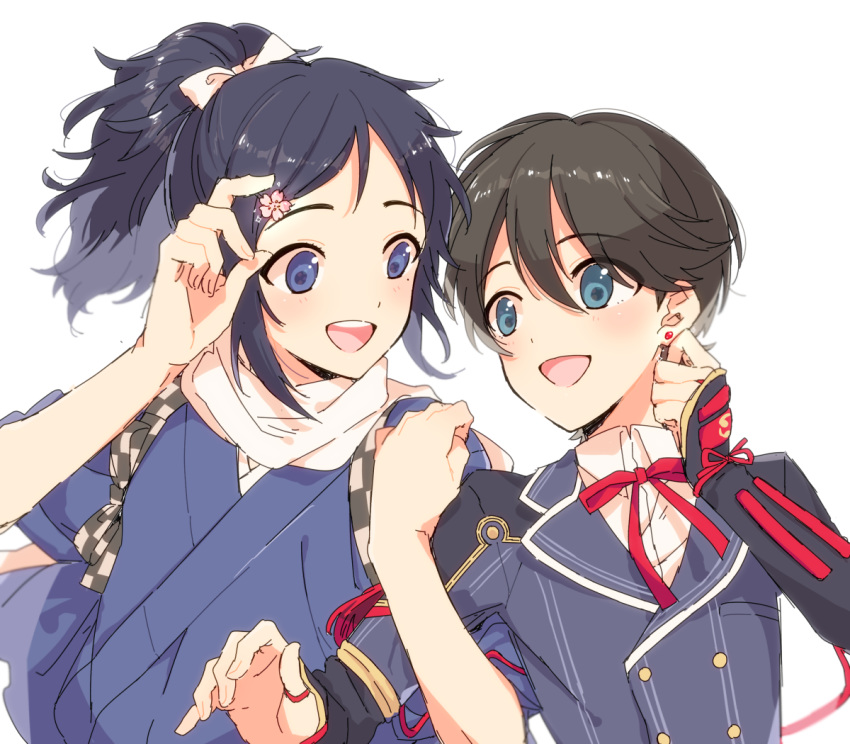 2boys black_hair blue_eyes blue_kimono casual earrings hair_ornament hairclip hairpin horikawa_kunihiro japanese_clothes jewelry katsugeki/touken_ranbu kimono locked_arms male_focus military military_uniform mole mole_under_eye multiple_boys plico_(nicoma) ponytail ribbon scarf simple_background smile stud_earrings tasuki touken_ranbu touken_ranbu:_hanamaru uniform upper_body white_background white_scarf yamato-no-kami_yasusada