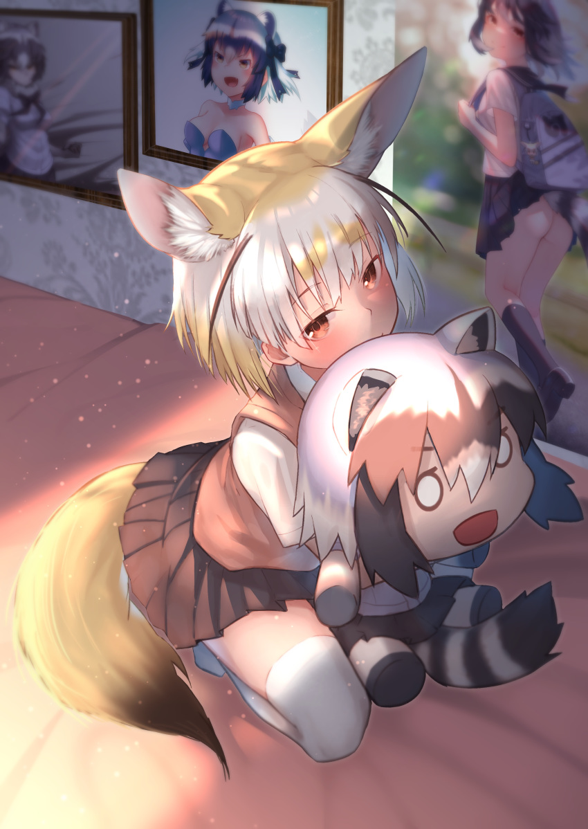 1girl absurdres alternate_costume animal_ear_fluff animal_ears bangs blonde_hair brown_eyes brown_skirt brown_vest character_doll commentary common_raccoon_(kemono_friends) doll_hug extra_ears eyebrows_visible_through_hair fennec_(kemono_friends) fox_ears fox_girl fox_tail highres kemono_friends light_particles looking_at_viewer multicolored_hair pleated_skirt portrait_(object) poster_(object) school_uniform shirt short_hair short_sleeves sitting skirt solo st.takuma tail thigh-highs two-tone_hair vest white_hair white_legwear white_shirt