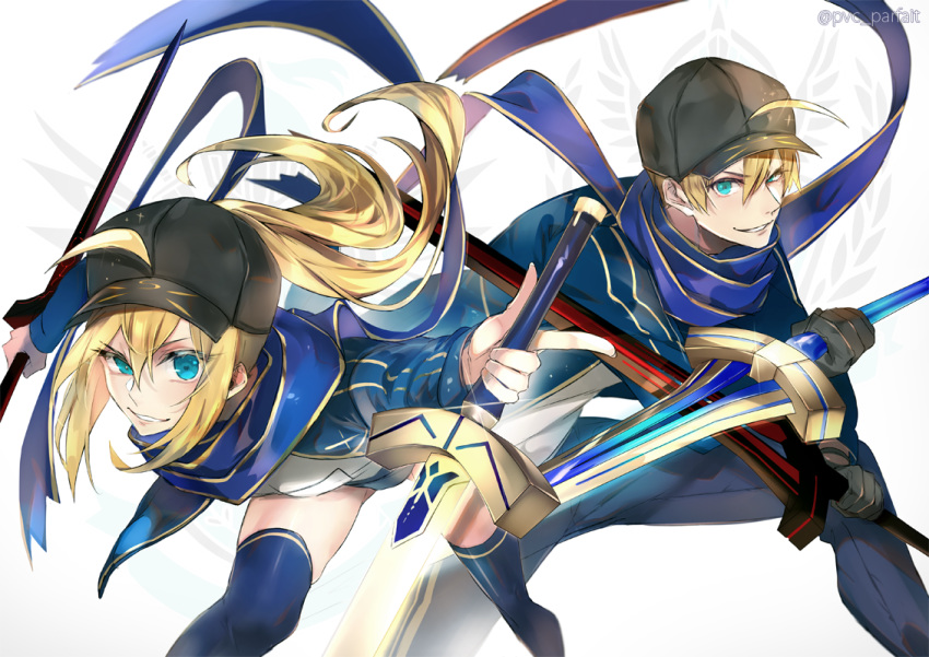 1boy 1girl ahoge arthur_pendragon_(fate) artoria_pendragon_(all) bangs baseball_cap black_headwear blonde_hair blue_eyes blue_jacket blue_scarf cosplay excalibur_(fate/prototype) fate/grand_order fate_(series) fighting_stance gloves green_eyes hair_between_eyes hat holding jacket long_hair long_sleeves looking_at_viewer mysterious_heroine_x mysterious_heroine_x_(cosplay) ponytail pvc_parfait scarf shiny shiny_hair shorts smile smirk sword thigh-highs track_jacket upper_body weapon