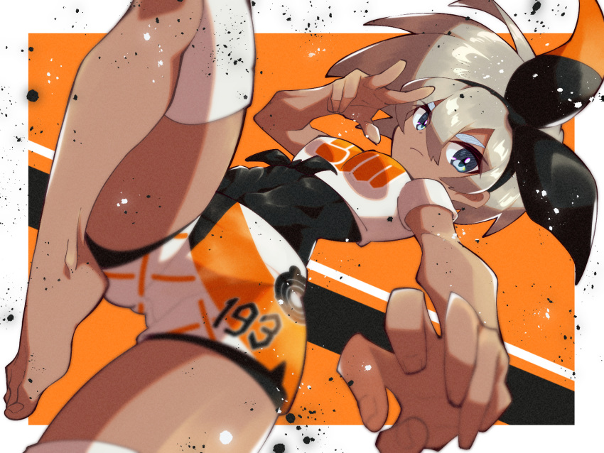 1girl barefoot black_hairband blue_eyes bodysuit bodysuit_under_clothes breasts closed_mouth commentary_request feet grey_hair gym_leader hair_between_eyes hairband highres kazuhiro_(user_aprk8784) knee_pads looking_at_viewer pokemon pokemon_(game) pokemon_swsh print_shirt print_shorts saitou_(pokemon) shiny shiny_hair shirt short_hair short_sleeves shorts solo tied_shirt toes v