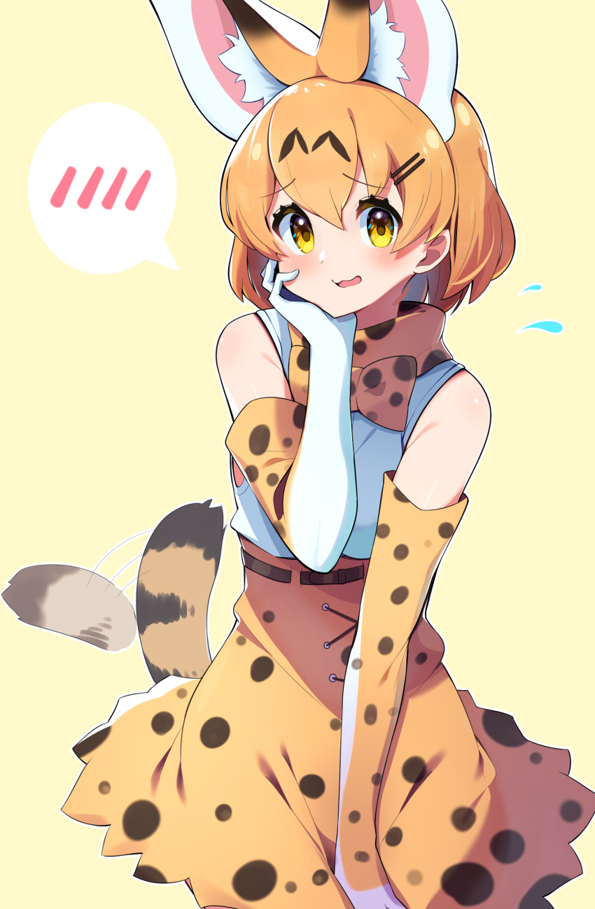 1girl absurdres afterimage animal_ears bare_shoulders between_legs blonde_hair blush bow bowtie cowboy_shot elbow_gloves extra_ears eyebrows_visible_through_hair flying_sweatdrops gloves hand_between_legs high-waist_skirt highres kemono_friends print_gloves print_neckwear print_skirt serval_(kemono_friends) serval_ears serval_girl serval_print serval_tail shirt short_hair skirt sleeveless solo spoken_blush tail tail_wagging takosuke0624 white_shirt yellow_eyes