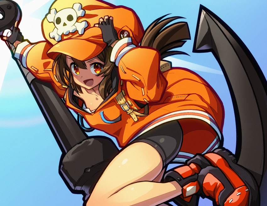 1girl absurdres anchor backpack bag baggy_clothes bike_shorts black_gloves black_shorts blue_sky boots breasts brown_hair fingerless_gloves gibagiba gloves guilty_gear guilty_gear_strive hat highres holding holding_hat hood hood_down huge_filesize huge_weapon long_hair may_(guilty_gear) open_mouth orange_eyes orange_headwear orange_hoodie orange_shirt orange_shorts pirate_hat shirt shorts skull_and_crossbones sky small_breasts solo weapon