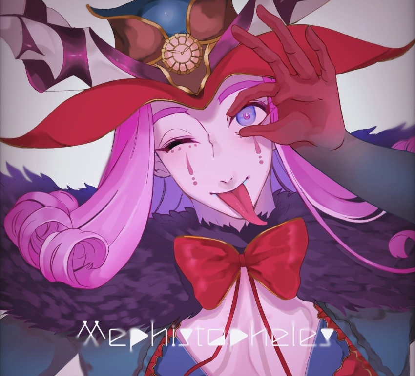 1boy bishounen blue_eyes blue_lipstick blush bow bowtie cape center_opening character_name clown commentary_request curly_hair eyelashes fate/grand_order fate_(series) fur-trimmed_cape fur_collar fur_trim hat headpiece highres horns lipstick makeup male_focus medium_hair mephistopheles_(fate/grand_order) multicolored multicolored_eyes ok_sign one_eye_closed pectorals pikopikopi_01 purple_cape purple_hair smile teardrop thick_eyebrows tongue tongue_out unzipped violet_eyes white_background white_skin
