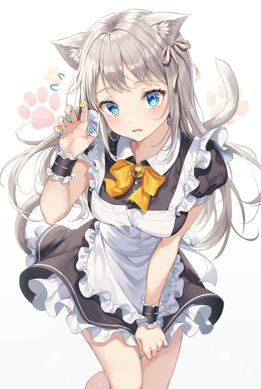 1girl absurdres animal_ears apron black_dress blue_eyes bow bowtie brooch cat_ears cat_girl cat_tail claw_pose dress frilled_dress frills hair_ribbon hand_up highres jewelry long_hair looking_at_viewer maid maid_apron multicolored multicolored_nails nail_polish original parted_lips paw_background r_o_ha ribbon short_sleeves silver_hair solo tail wavy_mouth white_background wing_collar wrist_cuffs yellow_neckwear