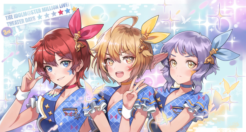 +_+ 3girls aisle_(idolmaster) blue_bow blue_eyes blush bow bug butterfly choker copyright_name facial_mark grin hair_bow highres ibuki_tsubasa idol idolmaster idolmaster_million_live! idolmaster_million_live!_theater_days insect julia_(idolmaster) looking_at_viewer machi_(machi333) makabe_mizuki multiple_girls open_mouth purple_hair red_bow red_choker redhead short_hair short_sleeves smile star_(symbol) upper_body v wavy_hair yellow_bow yellow_eyes