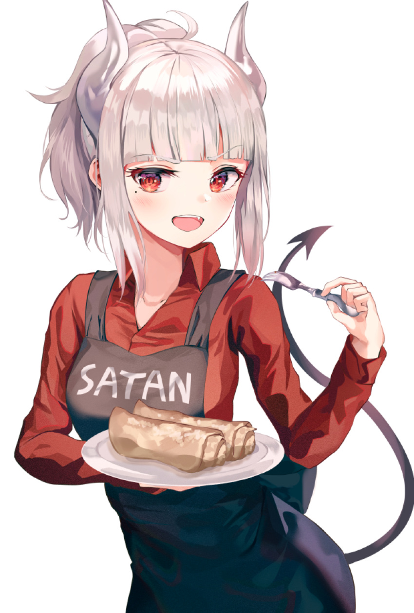 1girl apron bangs black_apron blush breasts character_name collarbone commentary demon_girl demon_horns demon_tail fang food fork grey_hair helltaker highres holding holding_fork holding_plate horns long_hair long_sleeves looking_at_viewer lucifer_(helltaker) medium_breasts mole mole_under_eye open_mouth pancake plate red_eyes red_shirt shirt simple_background smile smile2007h solo tail white_background white_hair white_horns