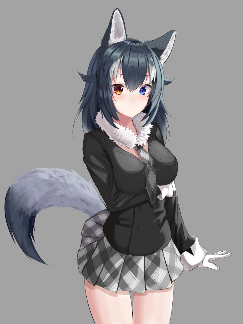 1girl absurdres animal_ears black_hair blue_eyes blush breast_hold breasts chun_bae eyebrows_visible_through_hair fur_collar gloves grey_background grey_wolf_(kemono_friends) heterochromia highres kemono_friends large_breasts looking_at_viewer miniskirt multicolored_hair necktie simple_background skirt solo tail two-tone_hair white_gloves white_hair wolf_ears wolf_girl wolf_tail yellow_eyes