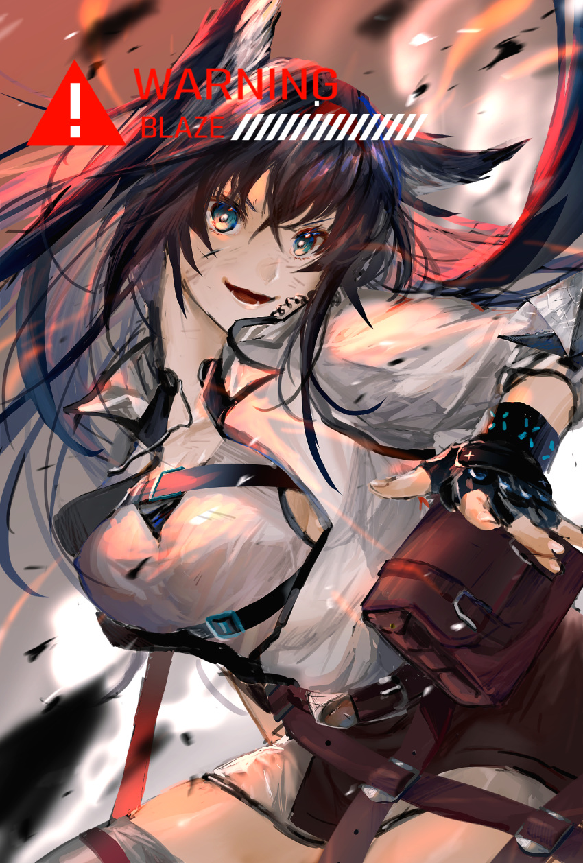 1girl :d animal_ears arknights bangs black_gloves black_hair blaze_(arknights) blue_eyes breasts cat_ears commentary_request fingerless_gloves gloves headgear highres long_hair looking_at_viewer medium_breasts open_mouth pouch shirt sign smile solo v-shaped_eyebrows warning_sign white_shirt zanki_(zanki3875730)