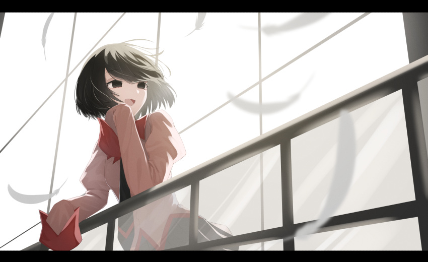 1girl :d bangs black_eyes black_hair black_neckwear black_skirt bob_cut commentary empty_eyes feathers hair_strand hand_on_railing hand_to_own_mouth highres juliet_sleeves letterboxed long_sleeves looking_to_the_side messy_hair monogatari_(series) naoetsu_high_school_uniform necktie open_mouth oshino_ougi pink_shirt pleated_skirt puffy_sleeves railing school_uniform shirt short_hair skirt sleeves_past_fingers sleeves_past_wrists smile solo white_feathers wind window yamada_maya_(user_xmvn3833)