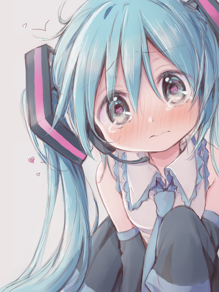 1girl absurdres aqua_eyes aqua_hair aqua_neckwear bare_shoulders black_skirt black_sleeves blush commentary crying crying_with_eyes_open detached_sleeves furrowed_eyebrows hair_ornament hatsune_miku headphones headset heart heart_in_eye highres hitode leaning_forward long_hair looking_at_viewer miniskirt necktie pleated_skirt shirt skirt sleeveless sleeveless_shirt sleeves_past_wrists solo symbol_in_eye tears twintails upper_body very_long_hair vocaloid white_shirt