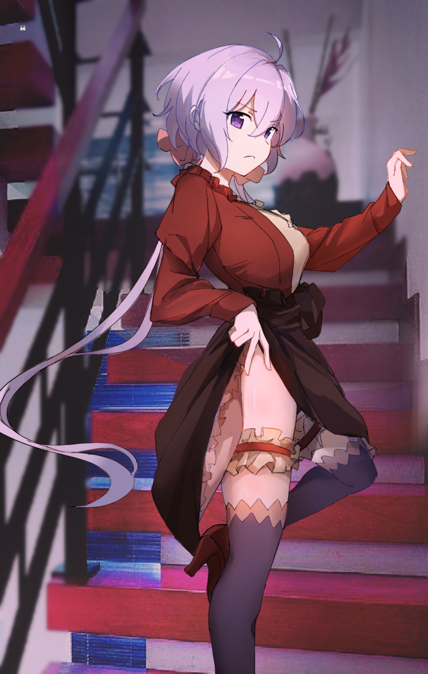 1girl ahoge black_legwear breasts closed_mouth frills high_heels highres lavender_hair leg_garter long_hair looking_at_viewer low_twintails medium_breasts scrunchie senki_zesshou_symphogear shiny shiny_hair shiny_skin skirt skirt_lift solo stairs standing thigh-highs twintails violet_eyes wdh841964350 yukine_chris