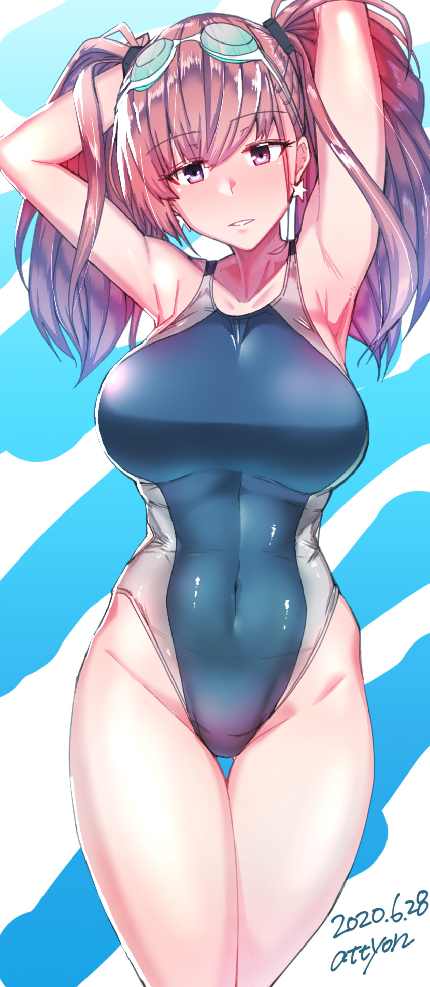 1girl absurdres armpits arms_behind_head arms_up atlanta_(kantai_collection) blue_swimsuit breasts brown_hair commentary_request competition_swimsuit cowboy_shot dated goggles goggles_on_head grey_eyes highres kantai_collection killing-inthe-name large_breasts long_hair looking_at_viewer one-piece_swimsuit solo swimsuit twitter_username two-tone_background two_side_up