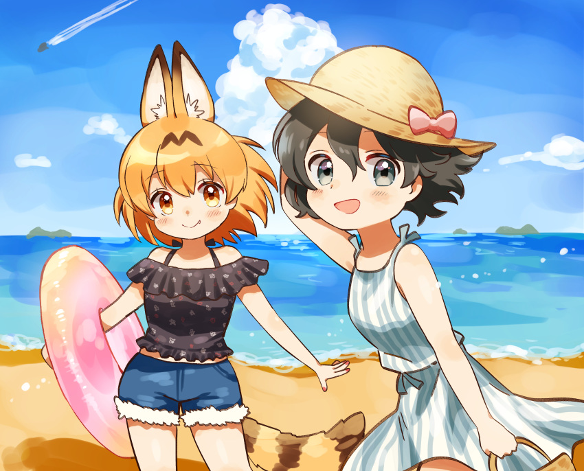 2girls :d alternate_costume animal_ears bare_shoulders beach black_hair black_shirt blonde_hair blue_eyes blue_sky bow casual clouds condensation_trail day denim denim_shorts dress extra_ears fang fang_out fur_trim hat hat_bow highres innertube kaban_(kemono_friends) kemono_friends multiple_girls ocean open_mouth outdoors pink_bow sand serval_(kemono_friends) serval_ears serval_girl serval_tail shirt short_hair short_shorts shorts sky sleeveless smile spaghetti_strap striped striped_dress suicchonsuisui sun_hat tail water yellow_eyes