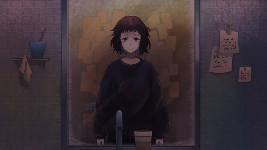 1girl absurdres bathroom black_hoodie faucet highres hood hoodie md5_mismatch milk-chan_(milk_inside_a_bag_of_milk_inside_a_bag_of_milk) milk_inside_a_bag_of_milk_inside_a_bag_of_milk mirror nikita_kryukov racklet red_eyes redhead reflection toothbrush