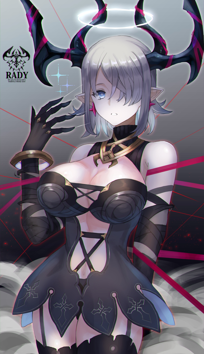 1girl absurdres amahara_subaru bare_shoulders black_gloves blue_eyes bracelet breasts cutout dress earrings garter_straps gloves halo highres horns huge_filesize jewelry large_breasts navel_cutout original pointy_ears short_hair silver_hair solo thigh-highs turtleneck