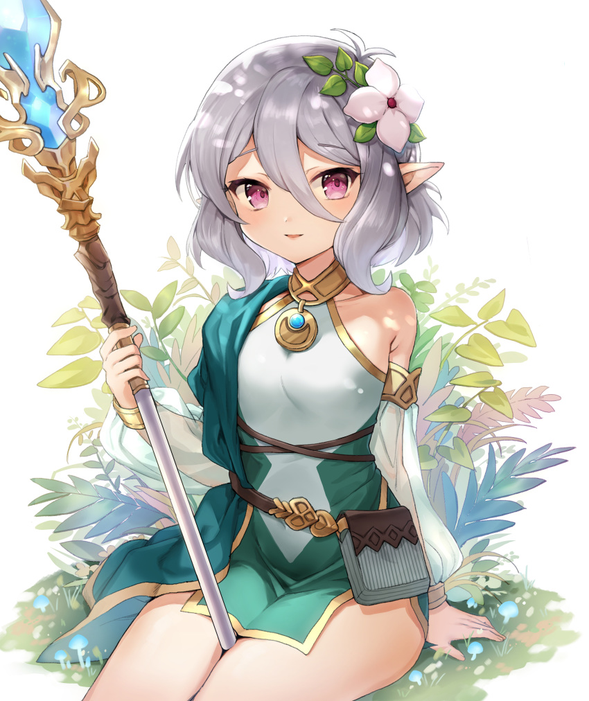 1girl absurdres belt between_legs blush collarbone covered_navel detached_sleeves dress elf eyebrows_visible_through_hair flower hair_between_eyes hair_flower hair_ornament highres holding holding_staff kokkoro_(princess_connect!) leaf long_sleeves looking_at_viewer mamong parted_lips plant pointy_ears pouch princess_connect! princess_connect!_re:dive see-through short_dress short_hair side_slit silver_hair simple_background single_bare_shoulder sitting smile solo staff thighs two-tone_dress white_background white_flower