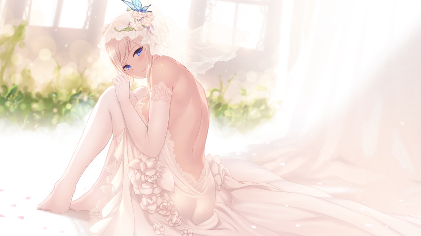 1girl ass back bangs blonde_hair blue_eyes blush boku_wa_tomodachi_ga_sukunai breasts bridal_veil bug butterfly cait dress highres insect kashiwazaki_sena looking_at_viewer sitting solo thigh-highs veil wedding_dress white_legwear