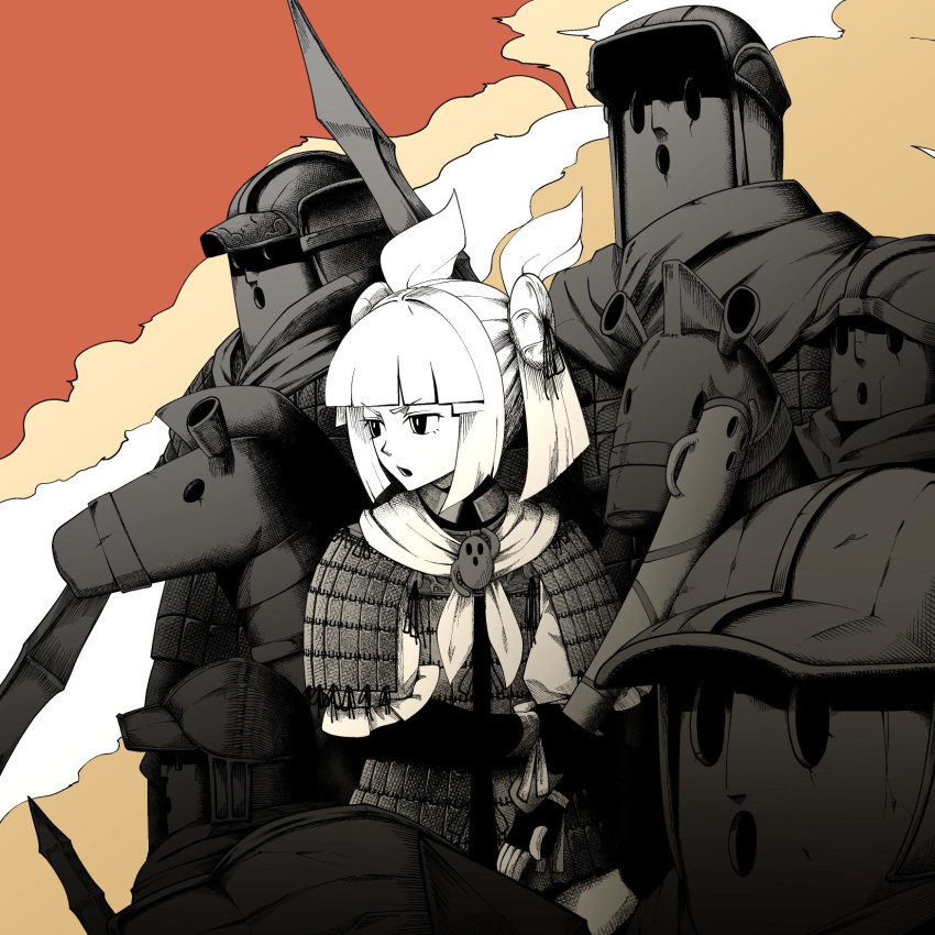 1girl armor armored_dress bangs blunt_bangs commentary_request double_bun hair_ribbon haniwa_(statue) highres holding joutouguu_mayumi kikoka_(mizuumi) limited_palette open_mouth red_background ribbon shirt short_hair short_sleeves statue touhou upper_body vambraces white_shirt