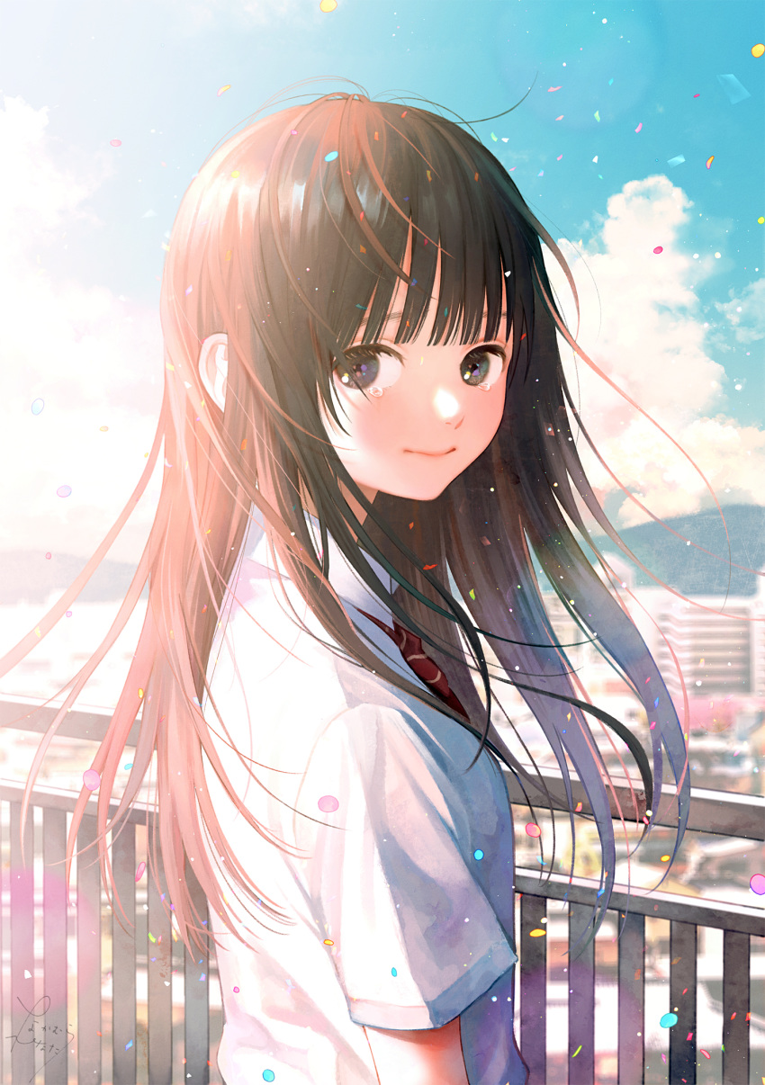 1girl bangs black_eyes blue_sky blunt_bangs brown_hair city closed_mouth commentary_request day from_behind highres long_hair looking_at_viewer looking_back nakamura_hinata original outdoors railing red_neckwear shirt short_sleeves sky smile solo sunlight tears upper_body white_shirt