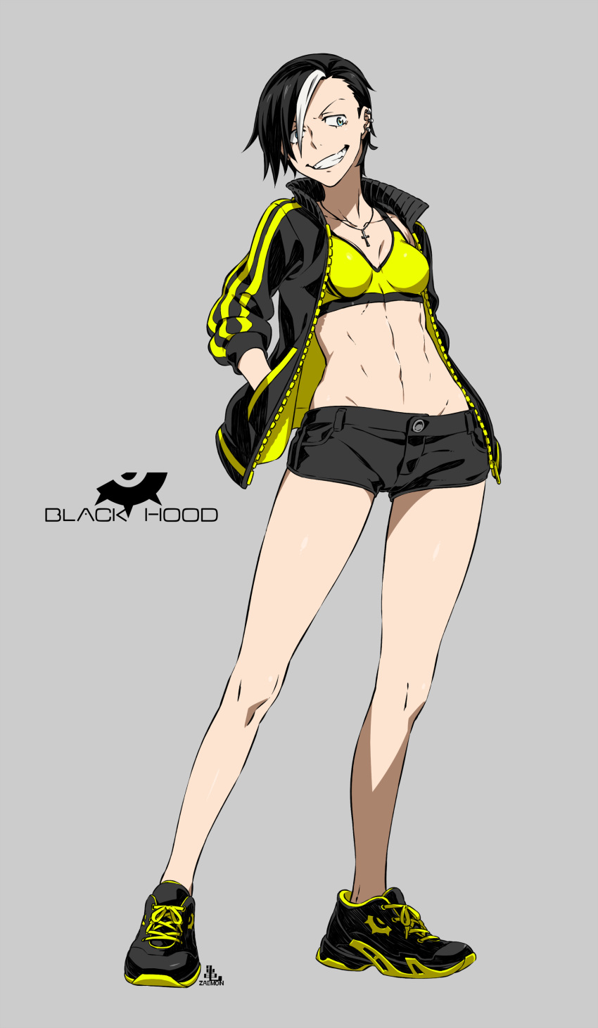 1girl absurdres black_hood ear_piercing highres jacket kamezaemon multicolored_hair open_clothes open_jacket original piercing shoes simple_background sneakers solo sports_bra toned