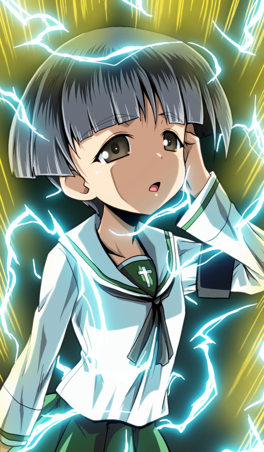 1girl absurdres armband aura bangs black_eyes black_hair black_neckwear blouse blunt_bangs blunt_ends bob_cut commentary dragon_ball dragon_ball_z electricity eyebrows_visible_through_hair girls_und_panzer green_skirt half-closed_eyes hand_in_hair highres kamishima_kanon konparu_nozomi long_sleeves looking_at_viewer neckerchief ooarai_school_uniform open_mouth pleated_skirt sailor_collar school_uniform serafuku short_hair skirt solo standing super_saiyan super_saiyan_2 white_blouse white_sailor_collar