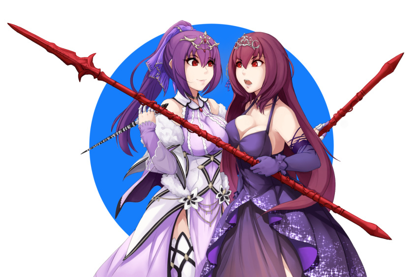 2girls bangs bare_shoulders breast_press dress elbow_gloves fate/grand_order fate_(series) gae_bolg gloves hair_between_eyes hair_ribbon holding holding_spear holding_wand holding_weapon long_hair multiple_girls noir_(4chan) open_mouth polearm ponytail purple_dress purple_gloves purple_hair red_eyes ribbon scathach_(fate)_(all) scathach_skadi_(fate/grand_order) smile spear symmetrical_docking thigh-highs tiara wand weapon white_legwear