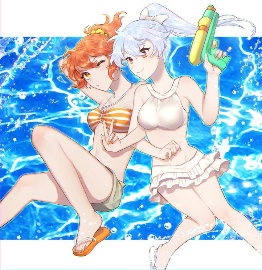 2girls bikini bikini_skirt blush bow breasts brilliant_summer brown_hair chiri_214 commentary_request fate/grand_order fate_(series) fujimaru_ritsuka_(female) grey_shorts hair_between_eyes hair_bow hair_ornament hair_scrunchie highres holding_water_gun locked_arms long_hair medium_breasts multiple_girls nail_polish one_eye_closed orange_bikini orange_eyes orange_nails orange_scrunchie pink_nails red_eyes sandals scrunchie short_hair short_ponytail shorts silver_hair smile striped striped_bikini swimsuit tomoe_gozen_(fate/grand_order) v water water_gun white_bikini white_bow