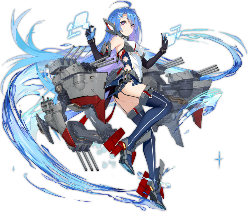 1girl ahoge argyle_cutout azur_lane bangs bare_shoulders black_gloves blue_hair breasts dress elbow_gloves eyebrows_visible_through_hair from_side garter_straps gloves hair_ornament helena_(azur_lane) highres long_hair looking_at_viewer official_art realmbw retrofit_(azur_lane) skindentation solo taut_clothes taut_dress transparent_background two-tone_dress very_long_hair violet_eyes
