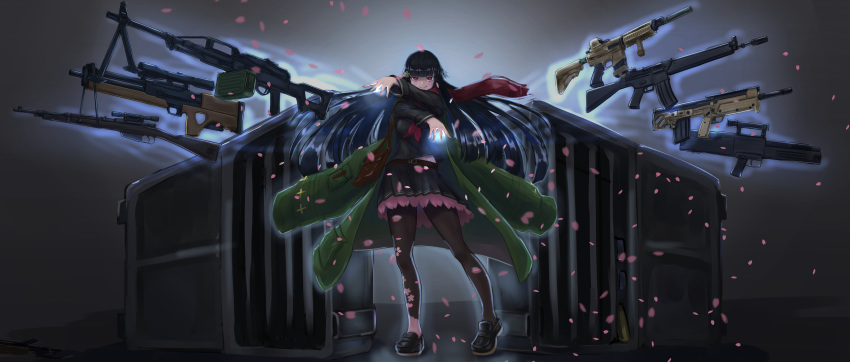 1girl absurdres assault_rifle backlighting bag bangs blunt_bangs brown_legwear cherry_blossom_print cherry_blossoms coat commentary_request crossed_arms floral_print full_body girls_frontline green_coat gun h&amp;k_g11 highres loafers long_hair looking_at_viewer magic mari0ball navy_blue_serafuku open_clothes open_coat pantyhose petals red_eyes red_scarf rifle scarf school_bag school_uniform shoes sniper_rifle solo suitcase type_100_(girls_frontline) very_long_hair weapon weapon_request