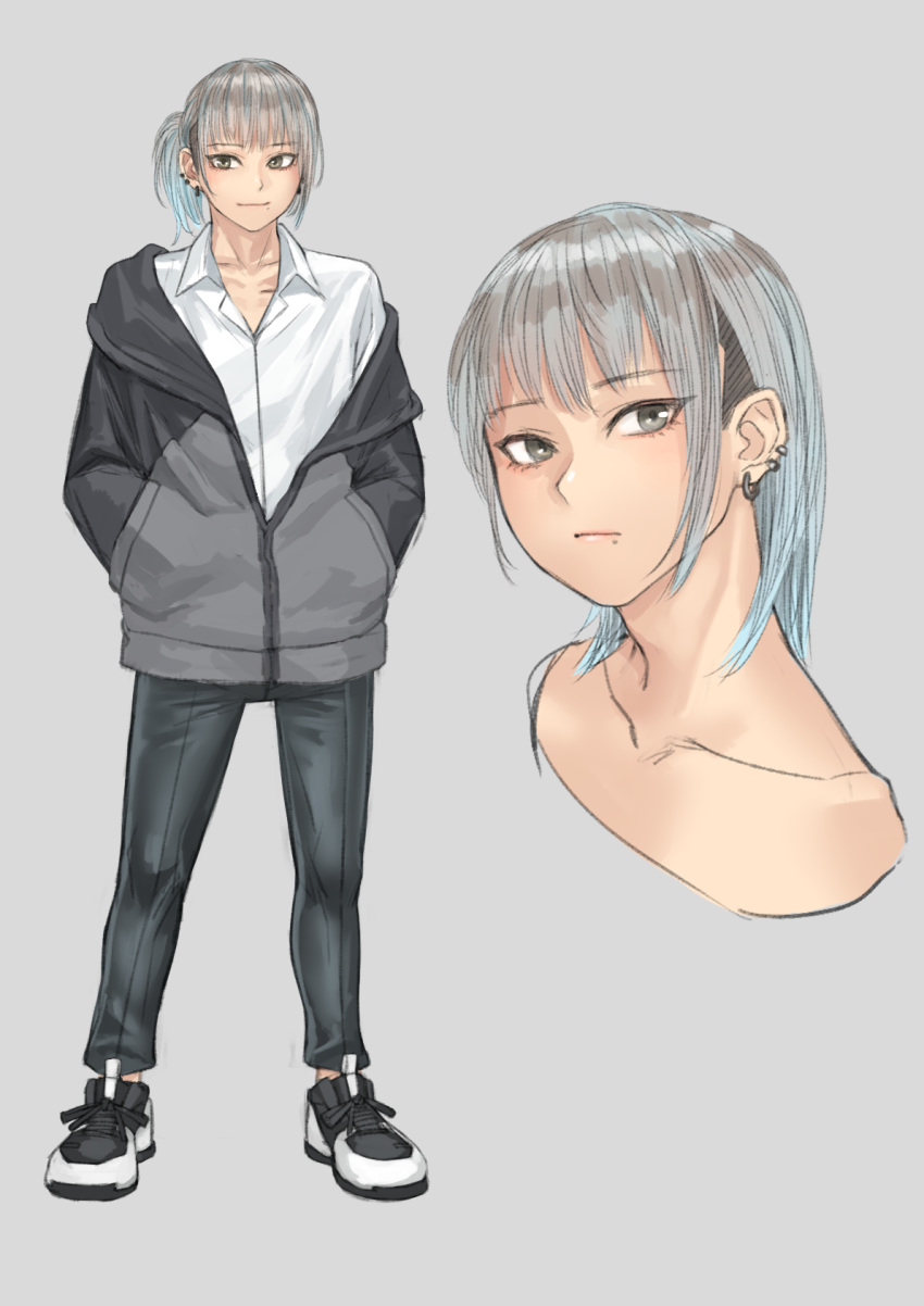 1boy androgynous collarbone full_body grey_eyes grey_hair highres hood hoodie kilye_4421 long_hair mole mole_under_mouth original ponytail shirt smile solo