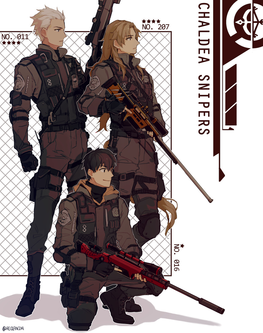 3boys absurdres alternate_costume arash_(fate) archer archer_class_(fate/stay_night) bangs belt black_hair boots brown_eyes brown_hair chiron_(fate) dark_skin dark_skinned_male english_text fate/grand_order fate/prototype fate/prototype:_fragments_of_blue_and_silver fate/stay_night fate_(series) full_body gloves gun heqanim highres holding holding_weapon long_hair long_sleeves looking_to_the_side male_focus military military_uniform multiple_boys pants rifle smile sniper_rifle squatting uniform weapon white_hair