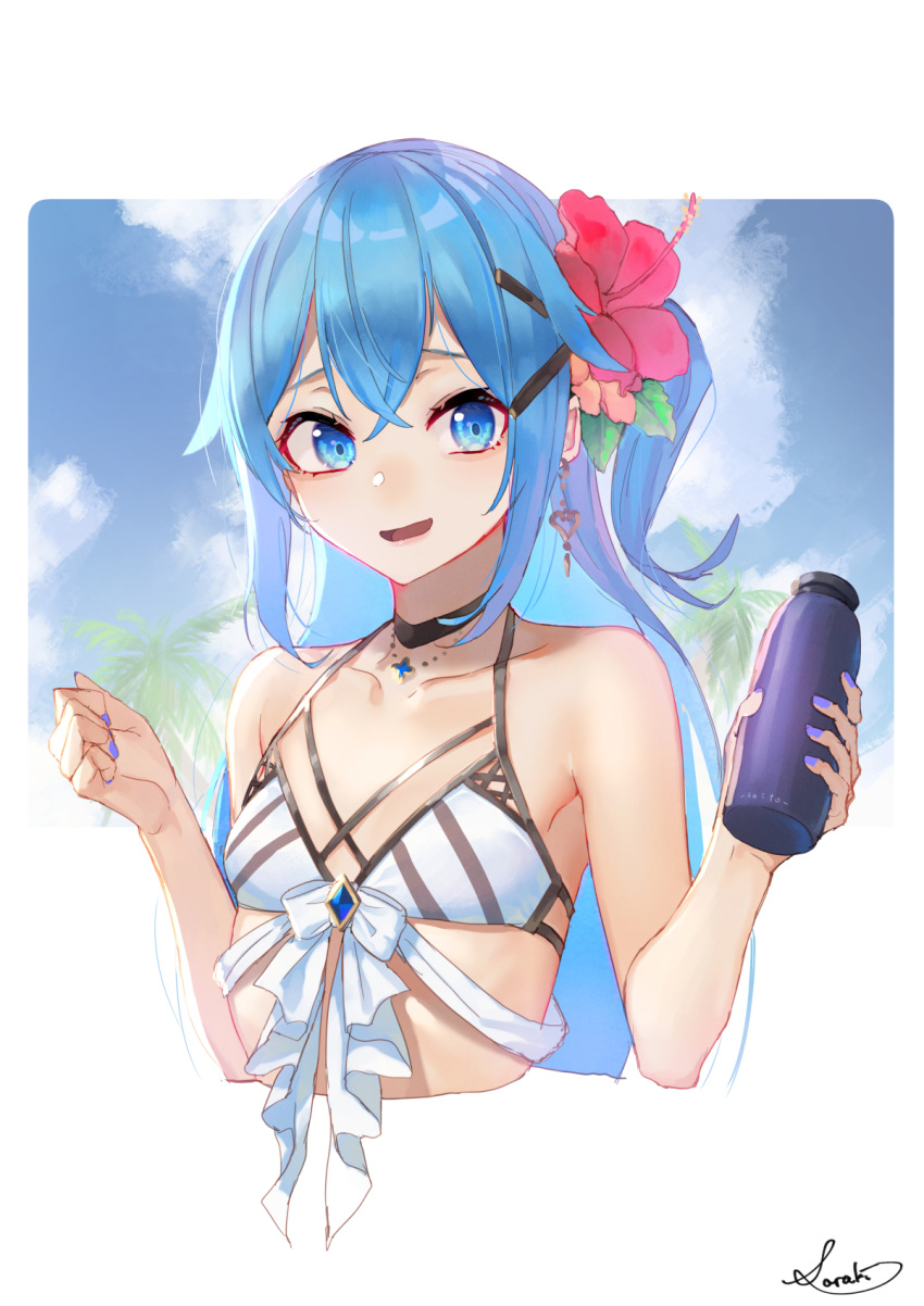 1girl :d bangs bare_arms bare_shoulders bikini black_choker blue_eyes blue_hair blue_nails bottle bow bow_bikini breasts choker collarbone commentary_request cropped_torso eyebrows_behind_hair flower hair_between_eyes hair_flower hair_ornament hairclip hands_up highres holding holding_bottle long_hair nail_polish one_side_up open_mouth original red_flower saraki signature small_breasts smile solo swimsuit upper_body very_long_hair white_bikini
