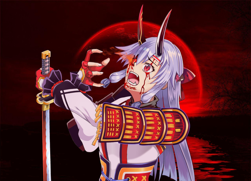 1girl armor asymmetrical_eyes blood blood_on_face bow enigmasli fangs fate/grand_order fate_(series) fingerless_gloves gloves glowing glowing_eye hair_between_eyes hair_bow headband heterochromia highres holding holding_sword holding_weapon horns japanese_armor japanese_clothes katana kimono long_hair moon oni_horns open_mouth red_bow red_eyes red_gloves red_horns red_moon red_sclera shoulder_armor silver_hair slit_pupils sode solo sword tomoe_gozen_(fate/grand_order) upper_body weapon white_headband white_kimono