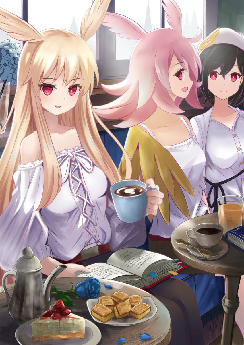 3girls :d bare_shoulders black_hair black_skirt blonde_hair blue_flower blue_rose book breasts chair coffee coffee_mug collarbone commentary_request cup fate_(series) flower food fruit head_wings highres hildr_(fate/grand_order) john_manjirou_(love-love-happy21) long_hair long_skirt medium_breasts medium_hair miniskirt mug multiple_girls open_mouth ortlinde_(fate/grand_order) pink_hair plate red_eyes rose shirt short_hair sitting skirt sleeveless sleeveless_shirt smile spaghetti_strap spoon strapless_shirt strawberry table thrud_(fate/grand_order) valkyrie_(fate/grand_order) very_long_hair white_headwear white_shirt