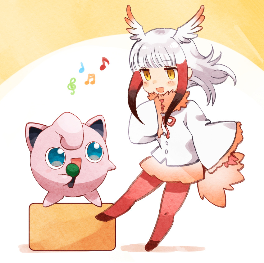 1girl :d bangs blue_eyes blunt_bangs blush crossover eyebrows_visible_through_hair frilled_sleeves frills gen_1_pokemon gloves hand_on_own_chest head_wings highres japanese_crested_ibis_(kemono_friends) jigglypuff kemono_friends long_hair long_sleeves microphone music musical_note open_mouth orange_eyes pantyhose pokemon pokemon_(creature) red_gloves red_legwear shirt silver_hair singing skirt sleeves_past_wrists smile suicchonsuisui tail trait_connection white_shirt wide_sleeves