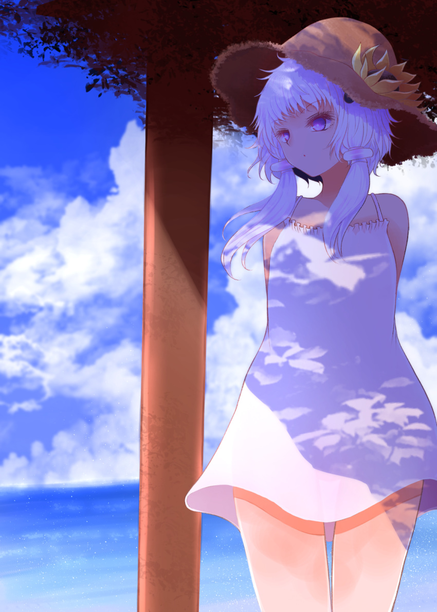 1girl arano_oki arms_behind_back bangs bare_shoulders blue_sky brown_headwear closed_mouth clouds cloudy_sky commentary_request day dress eyebrows_visible_through_hair hair_ornament hat highres horizon long_hair looking_away looking_to_the_side ocean outdoors purple_hair sky sleeveless sleeveless_dress solo standing straw_hat sundress violet_eyes voiceroid water white_dress yuzuki_yukari