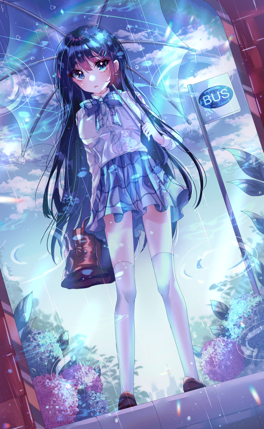 1girl absurdres bag bangs black_hair blue_eyes blue_neckwear blue_skirt bow bowtie bus_stop clouds cloudy_sky commentary_request eyebrows_visible_through_hair flower_request hair_between_eyes hair_ornament hairclip highres holding holding_bag holding_umbrella huge_filesize long_hair long_sleeves looking_at_viewer open_mouth original parasol pleated_skirt rain school_uniform shirt sidelocks sign skirt sky solo thigh-highs umbrella white_legwear white_shirt wine_(2148_wine)