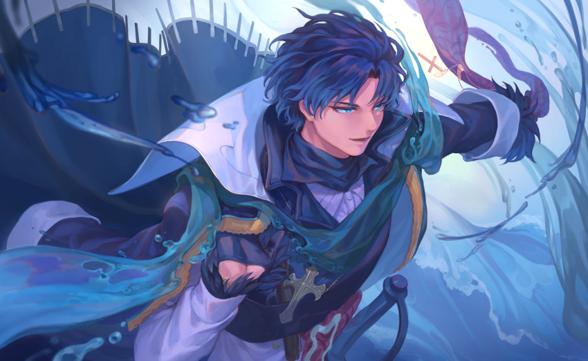 1boy alternate_costume bangs bartholomew_roberts_(fate/grand_order) black_hair blue_eyes cross cross_necklace dark_blue_hair dark_skin dark_skinned_male fate/grand_order fate_(series) feather-trimmed_sleeves gloves high_collar highres holding jacket_on_shoulders jewelry jewelry_removed long_sleeves looking_to_the_side male_focus mashuu_(neko_no_oyashiro) multicolored_hair necklace necklace_removed open_mouth scarf shiny smile solo sword upper_body weapon
