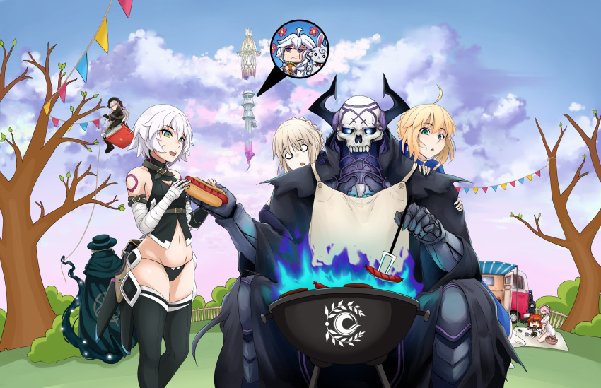 3boys 5girls :d absurdres ahoge artoria_pendragon_(all) basket black_legwear black_panties blonde_hair breasts clouds edmond_dantes_(fate/grand_order) english_commentary fate/apocrypha fate/grand_order fate/stay_night fate_(series) fou_(fate/grand_order) fujimaru_ritsuka_(female) gauntlets grill hat highres horns hot_dog jack_the_ripper_(fate/apocrypha) mash_kyrielight mask merlin_(fate) multiple_boys multiple_girls navel noir_(4chan) nursery_rhyme_(fate/extra) open_mouth panties purple_hair riyo_(lyomsnpmp)_(style) saber saber_alter sitting smile teeth tentacles thigh-highs tree underwear white_hair