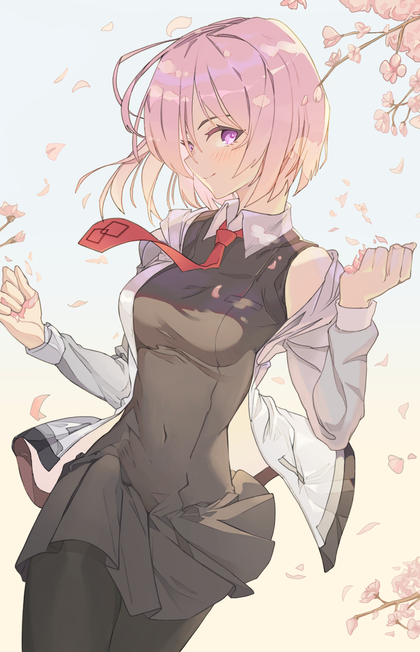1girl absurdres black_legwear black_skirt blush breasts cherry_blossoms closed_mouth collared_shirt falling_petals fate/grand_order fate_(series) hair_over_one_eye highres hyunwoo jacket looking_at_viewer mash_kyrielight medium_breasts necktie off_shoulder pantyhose pink_hair red_neckwear shirt short_hair skirt smile solo standing violet_eyes white_jacket