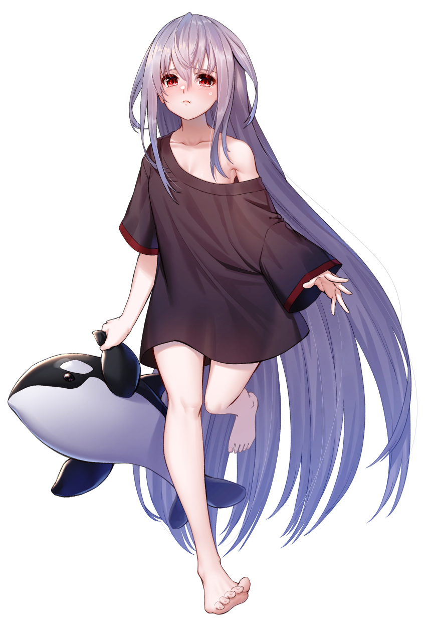 1girl absurdres arknights bare_legs bare_shoulders barefoot black_coat coat feet highres holding_toy long_hair looking_at_viewer orca red_eyes shy silver_hair simple_background skadi_(arknights) standing sweater tachi-e ten_no_hoshi toy whale white_background