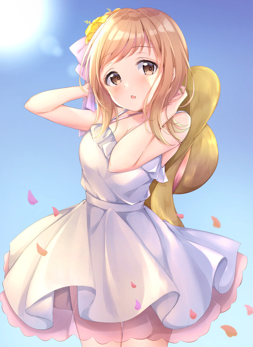 1girl absurdres adjusting_hair bangs bare_arms blue_sky blush bow breasts brown_eyes commentary_request dress eyebrows_visible_through_hair flower hair_bow hair_flower hair_ornament hat hat_ribbon highres idolmaster idolmaster_shiny_colors light_brown_hair light_rays long_hair looking_at_viewer medium_breasts open_mouth petals poe_(528yuzunon) ribbon sakuragi_mano sky solo spaghetti_strap sun sundress swept_bangs white_dress