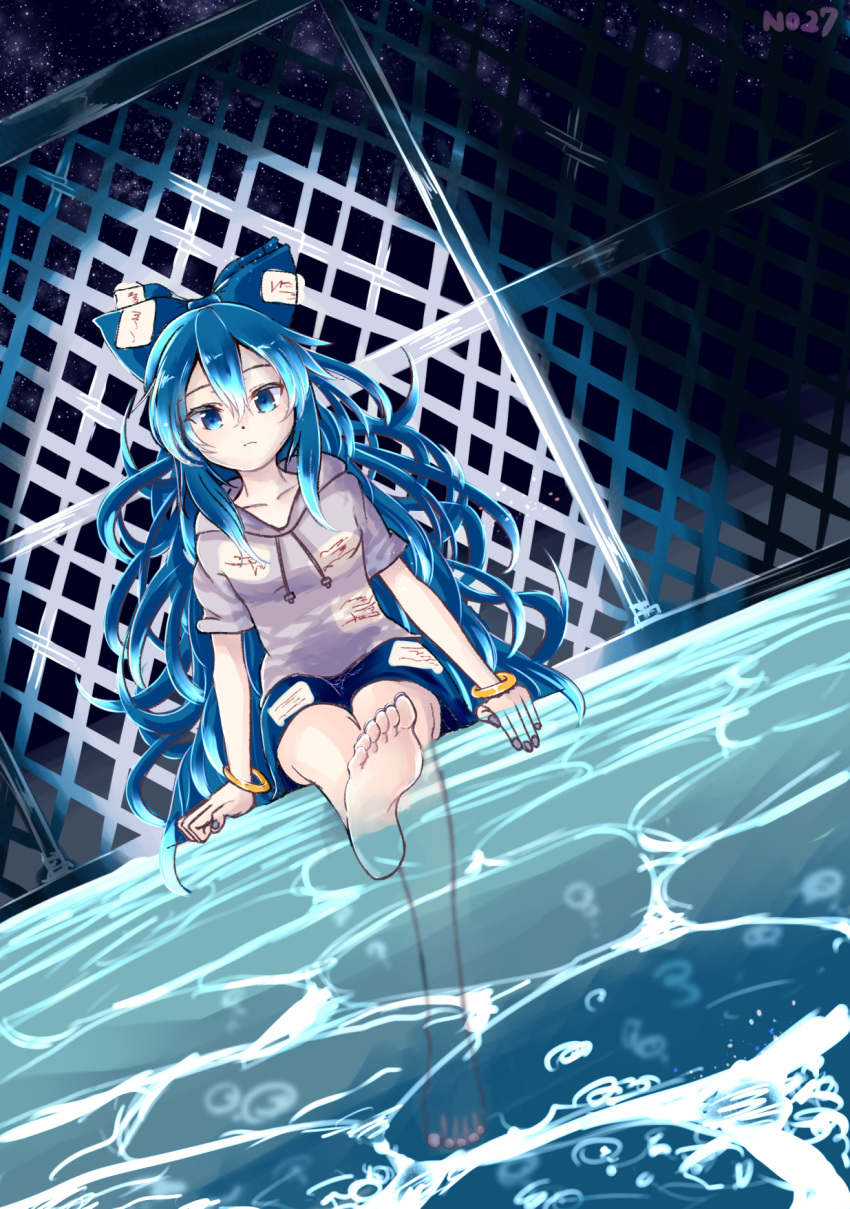 1girl 367gou bangle barefoot blue_bow blue_eyes blue_hair blue_skirt bow bracelet bubble commentary_request debt dutch_angle expressionless feet fence fingernails full_body hair_bow highres hood hoodie jewelry leg_up long_hair looking_at_viewer nail_polish night night_sky pool poolside sitting skirt sky soaking_feet soles solo star_(sky) starry_sky toenails toes touhou very_long_hair water water_surface wire_fence yorigami_shion
