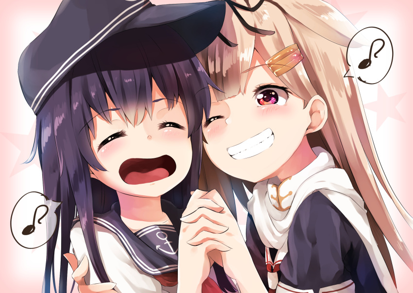 2girls akatsuki_(kantai_collection) anchor_symbol black_hair black_ribbon black_sailor_collar black_serafuku blonde_hair closed_eyes commentary_request eighth_note flat_cap gradient gradient_background grin hair_between_eyes hair_flaps hair_ornament hair_ribbon hairclip hat highres holding_hands kantai_collection long_hair multiple_girls musical_note neckerchief red_eyes red_neckwear remodel_(kantai_collection) ribbon sailor_collar scarf school_uniform serafuku smile spoken_musical_note starry_background taisho_(gumiyuki) upper_body white_background white_scarf yuudachi_(kantai_collection)