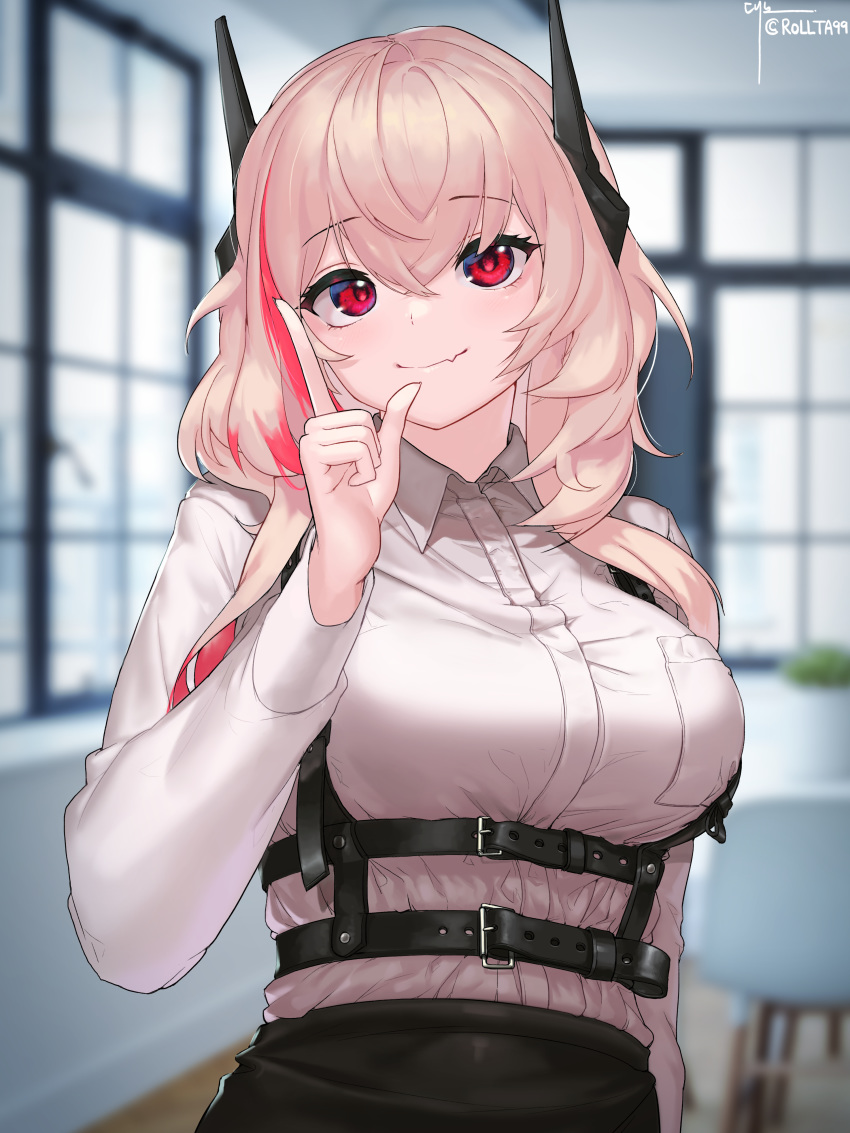 1girl absurdres bangs blurry blurry_background breasts closed_mouth collared_shirt daeno dress_shirt eyebrows_visible_through_hair girls_frontline harness headgear highres large_breasts light_brown_hair long_hair long_sleeves looking_at_viewer m4_sopmod_ii_(girls_frontline) photo_background red_eyes redhead shirt smile solo white_shirt