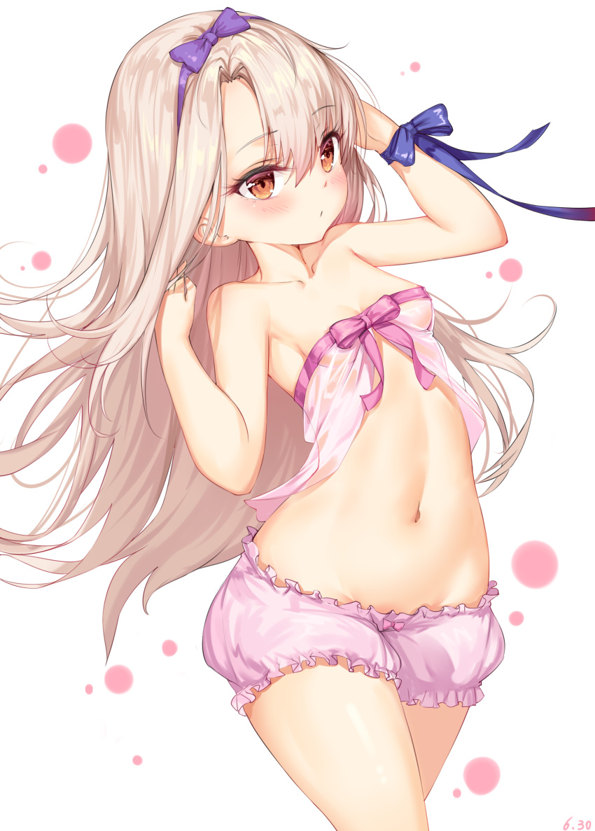 1girl absurdres arms_up bangs bare_arms bare_shoulders blonde_hair blue_ribbon blush breasts collarbone commentary_request eyebrows_visible_through_hair fate/grand_order fate_(series) gala_(16901040) hair_ornament hairband highres illyasviel_von_einzbern long_hair navel pink_ribbon pink_shorts purple_hairband red_eyes ribbon see-through short_shorts shorts simple_background small_breasts solo very_long_hair white_background wrist_ribbon