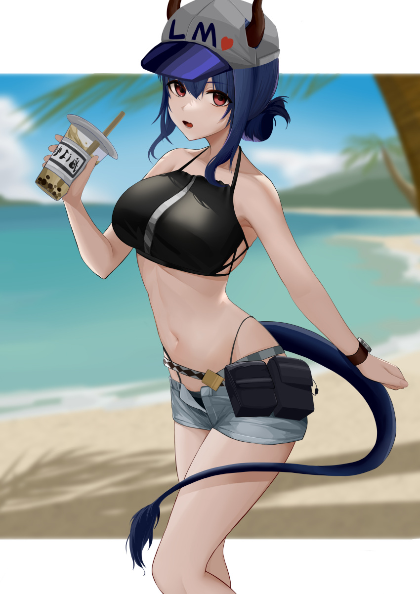 1girl absurdres arknights baseball_cap bikini black_bikini blue_hair blurry breasts bubble_tea bubble_tea_challenge ch'en_(arknights) cup depth_of_field disposable_cup dragon_horns dragon_tail drinking_straw elysion_(16869144) fang female_tourist_c_(arknights) grey_shorts hat highleg highleg_bikini highres holding holding_cup horns horns_through_headwear large_breasts looking_at_viewer navel open_fly red_eyes shorts skin_fang solo swimsuit tail tied_hair