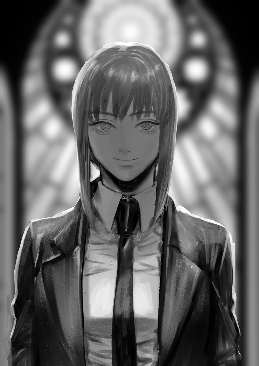 1girl absurdres arms_at_sides bangs breasts business_suit chainsaw_man collared_shirt eyebrows_visible_through_hair formal greyscale highres jacket looking_at_viewer makima_(chainsaw_man) medium_breasts medium_hair monochrome necktie neckwear ringed_eyes rkgk81319 shirt smile solo suit