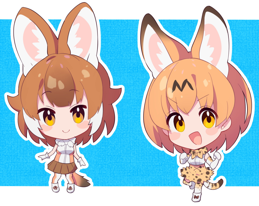 2girls animal_ears blush breasts brown_hair chibi closed_mouth dhole_(kemono_friends) elbow_gloves eyebrows_visible_through_hair gloves highres kemono_friends looking_at_viewer medium_breasts multicolored_hair multiple_girls open_mouth orange_eyes orange_hair serval_(kemono_friends) serval_ears serval_tail short_hair smile tail takosuke0624 two-tone_hair white_hair