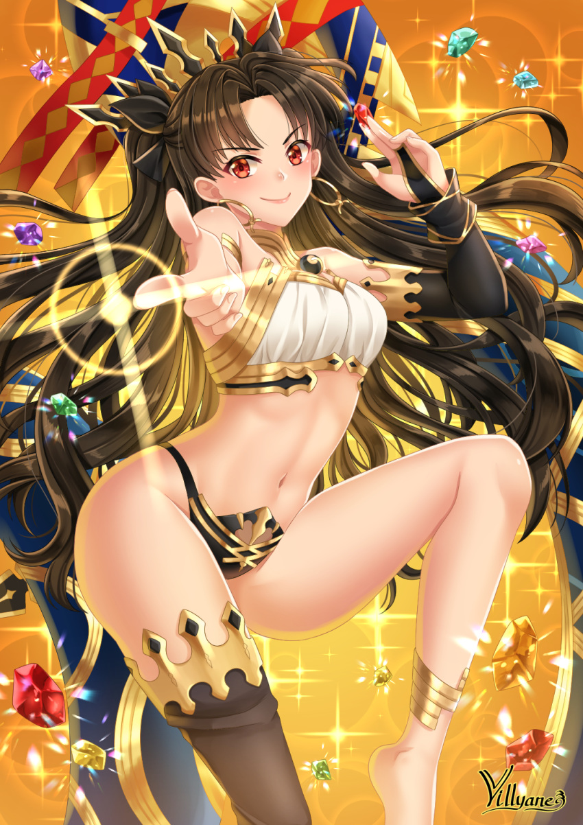 1girl armlet asymmetrical_legwear asymmetrical_sleeves bangs blush breasts brown_hair closed_mouth crown earrings fate/grand_order fate_(series) gem gold_trim heavenly_boat_maanna highres hoop_earrings ishtar_(fate)_(all) ishtar_(fate/grand_order) jewelry large_breasts long_hair looking_at_viewer navel neck_ring parted_bangs pointing pointing_at_viewer red_eyes single_sleeve single_thighhigh smile sparkle thigh-highs tiara two_side_up villyane weapon yellow_background